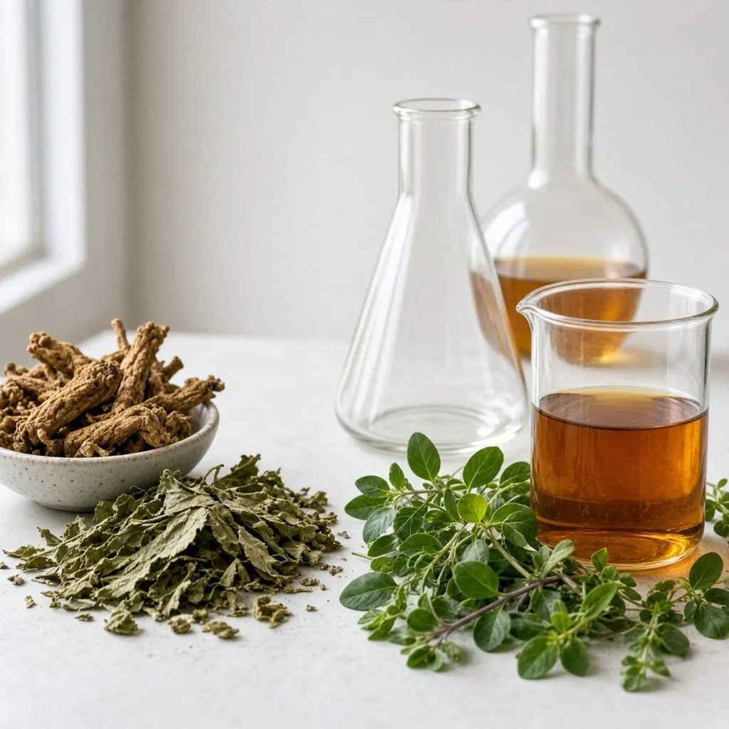 Botanical raw materials and amber extract in lab flasks