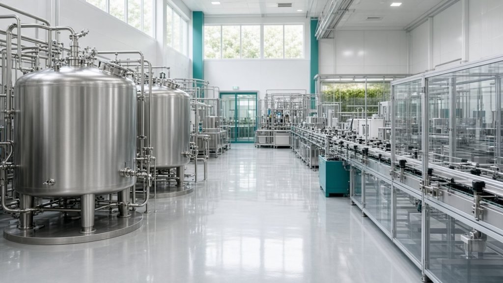Manufacturing floor with stainless steel mixing and filling equipment