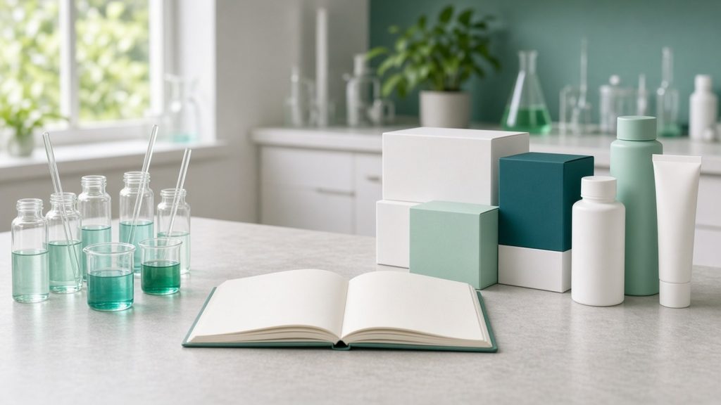 Formulation bench with samples, notebook and packaging mock-ups